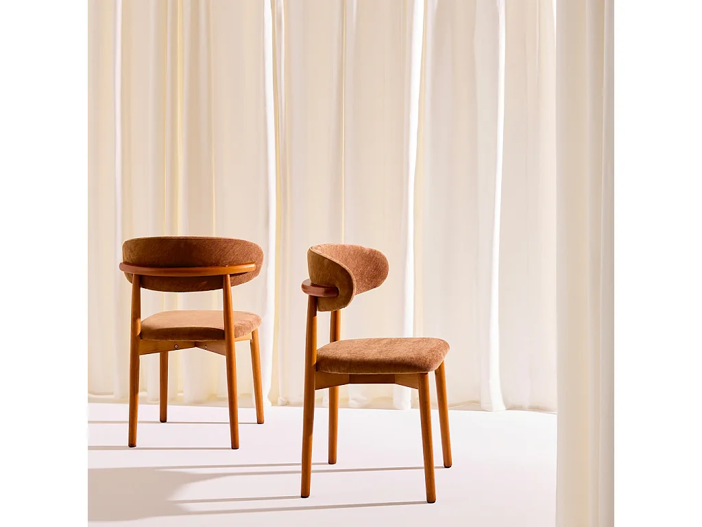 Lot de 2 chaises bois d'hévéa noyer et tissu chenille terracotta - Paola