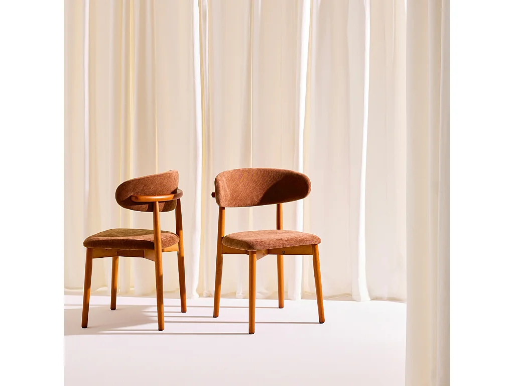 Lot de 2 chaises bois d'hévéa noyer et tissu chenille terracotta - Paola