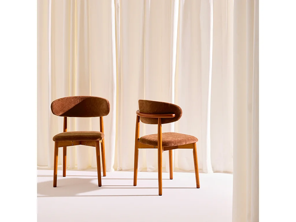 Lot de 2 chaises bois d'hévéa noyer et tissu chenille terracotta - Paola
