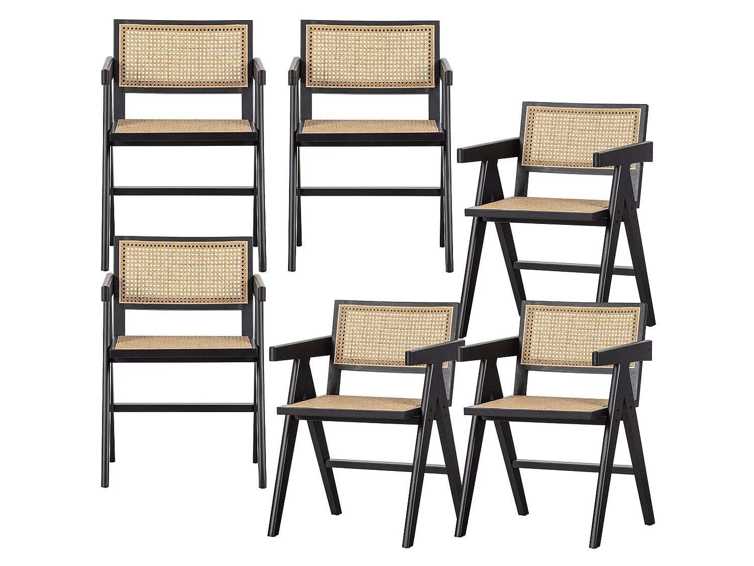 Lot de 6 fauteuils de table en rotan et bois GUNN