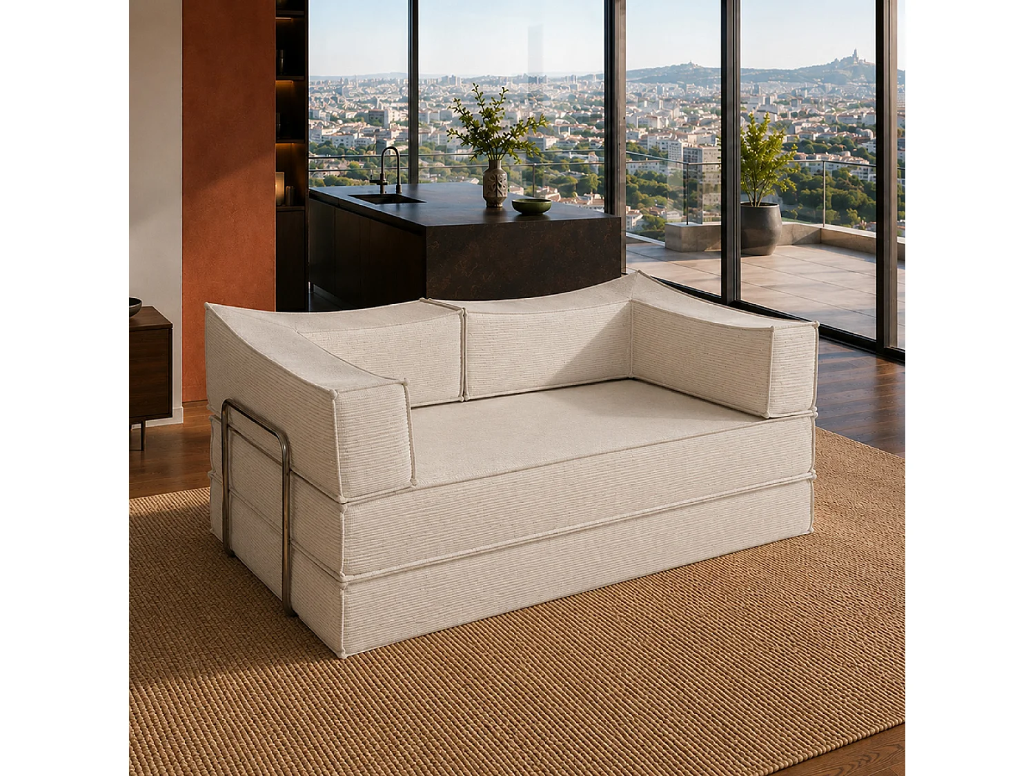 Canapé compressé convertible 2-3 places en velours côtelé beige CAUB