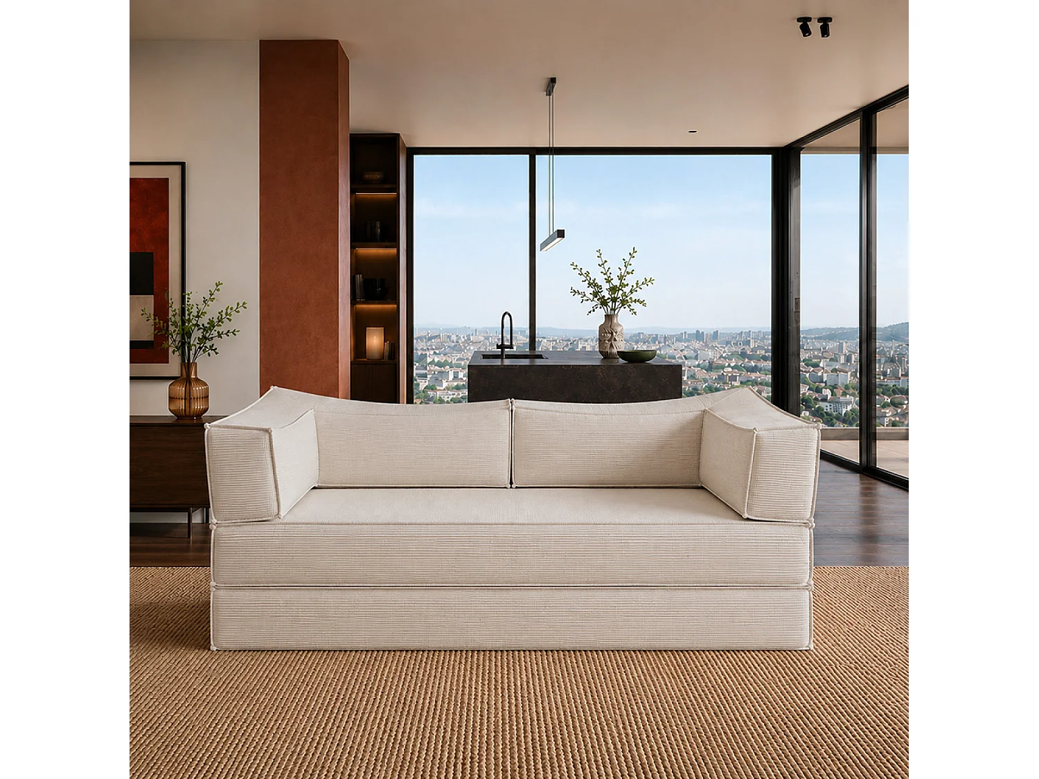 Canapé compressé convertible 2-3 places en velours côtelé beige CAUB