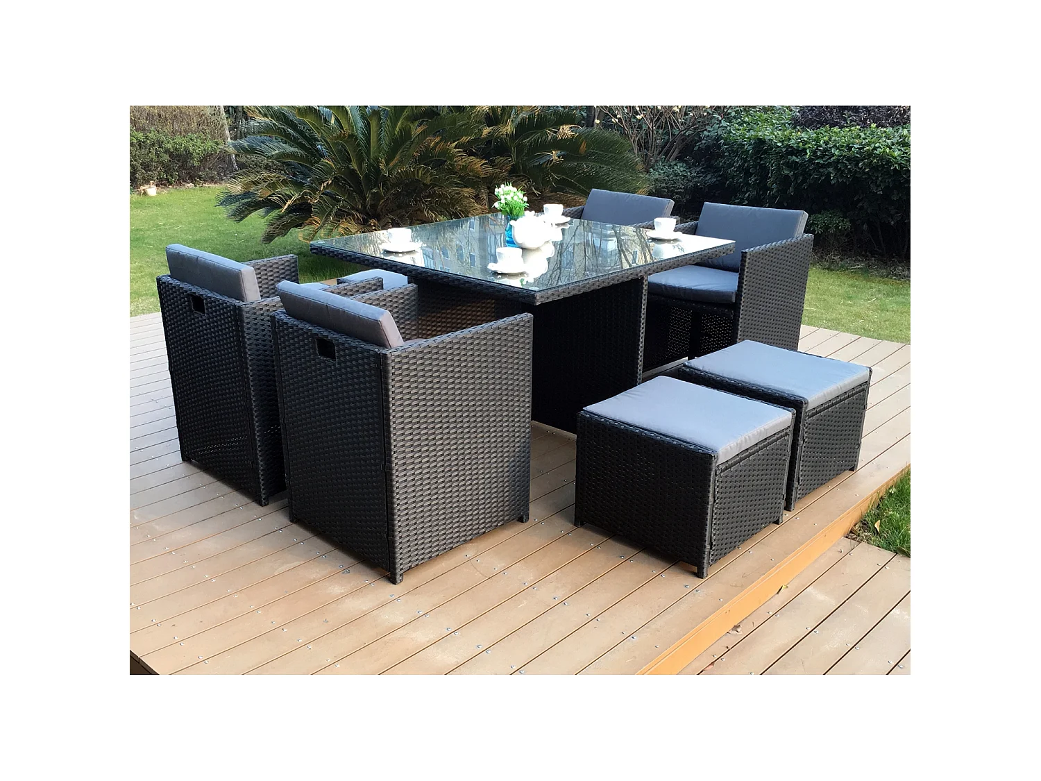 Salon de jardin 8 places noir-gris + housse de protection MIAMI