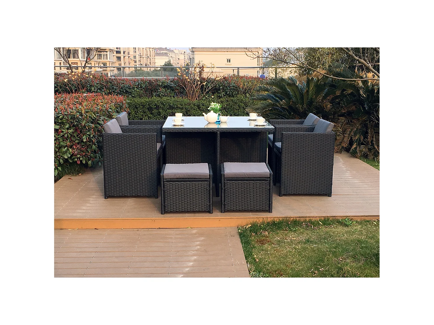 Salon de jardin 8 places noir-gris + housse de protection MIAMI