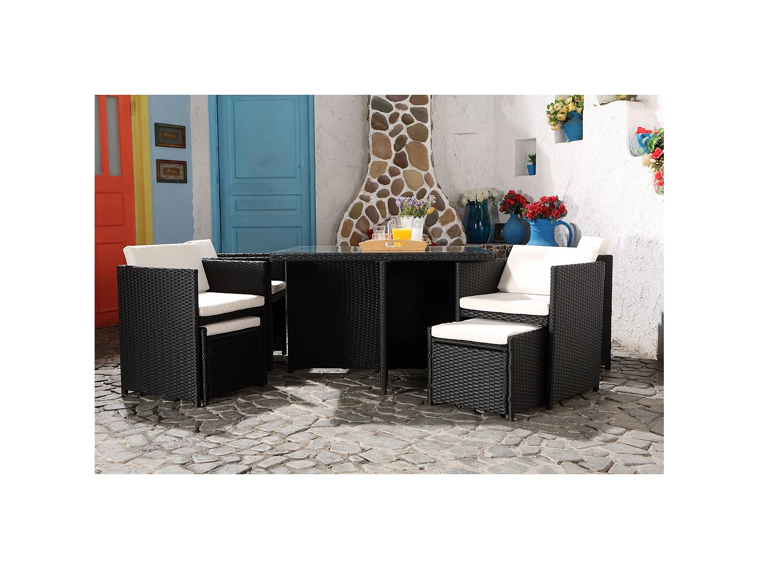 Salon de jardin 8 places noir-blanc + housse de protection MIAMI