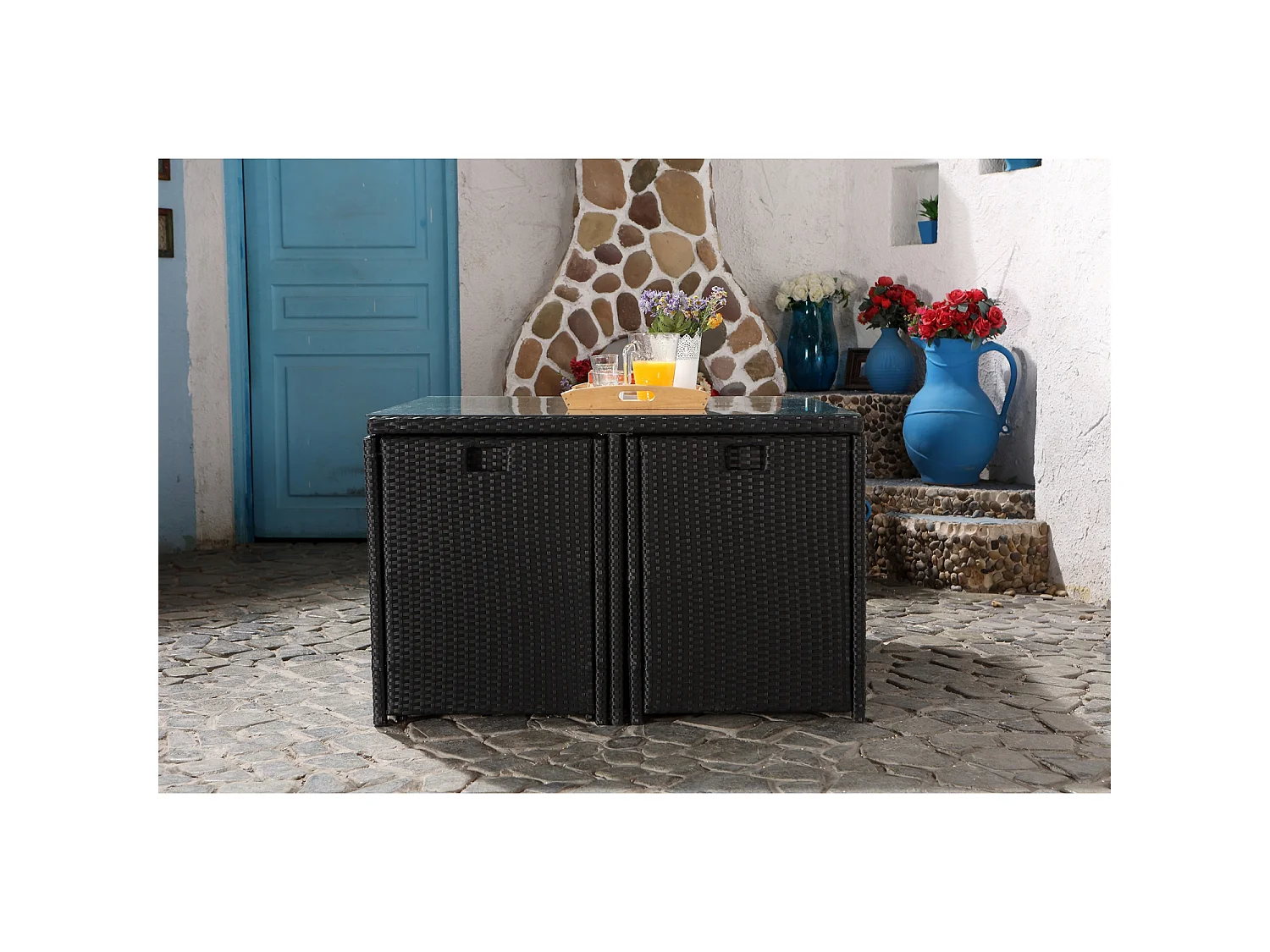 Salon de jardin 8 places noir-blanc + housse de protection MIAMI