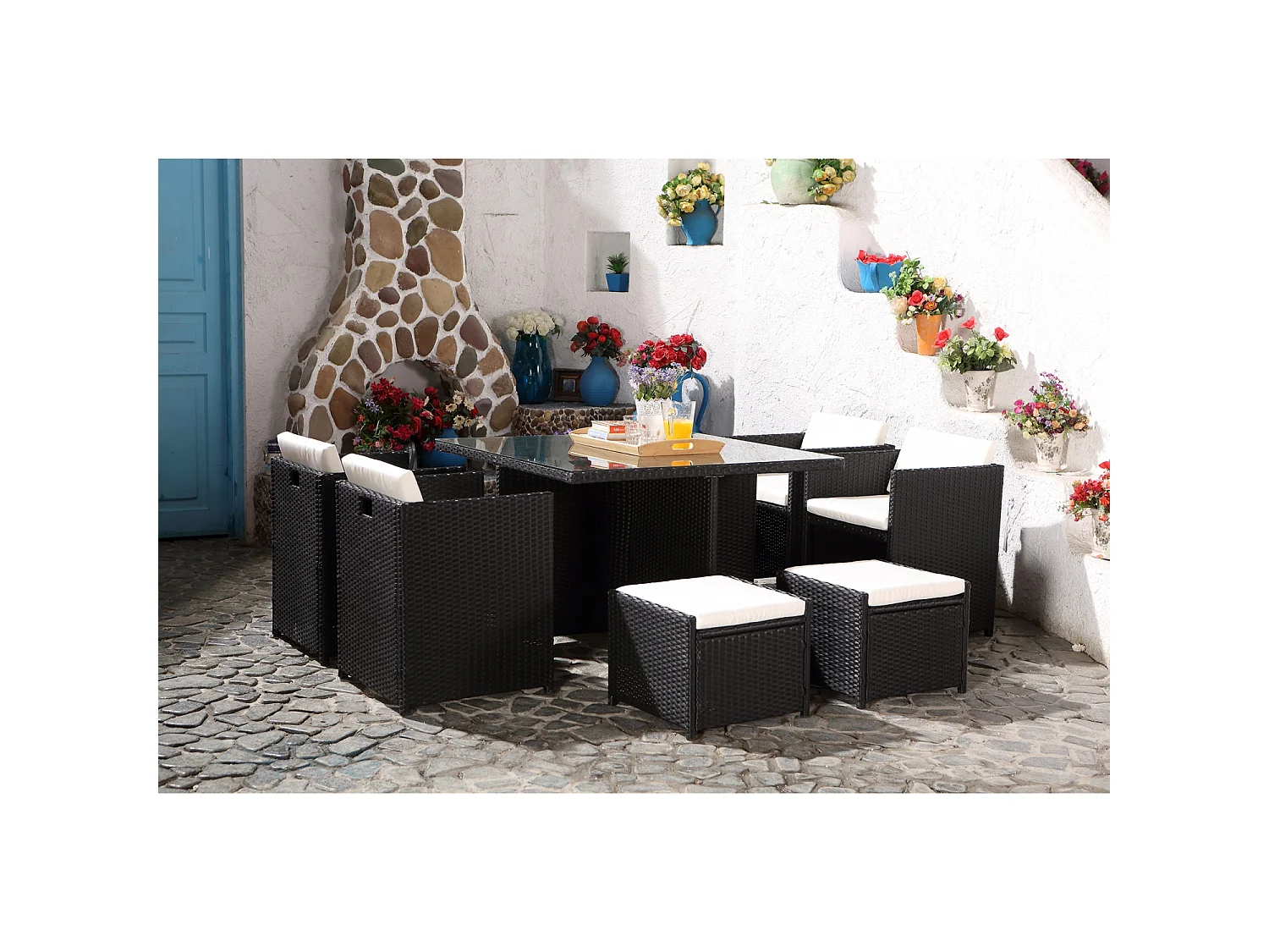 Salon de jardin 8 places noir-blanc + housse de protection MIAMI