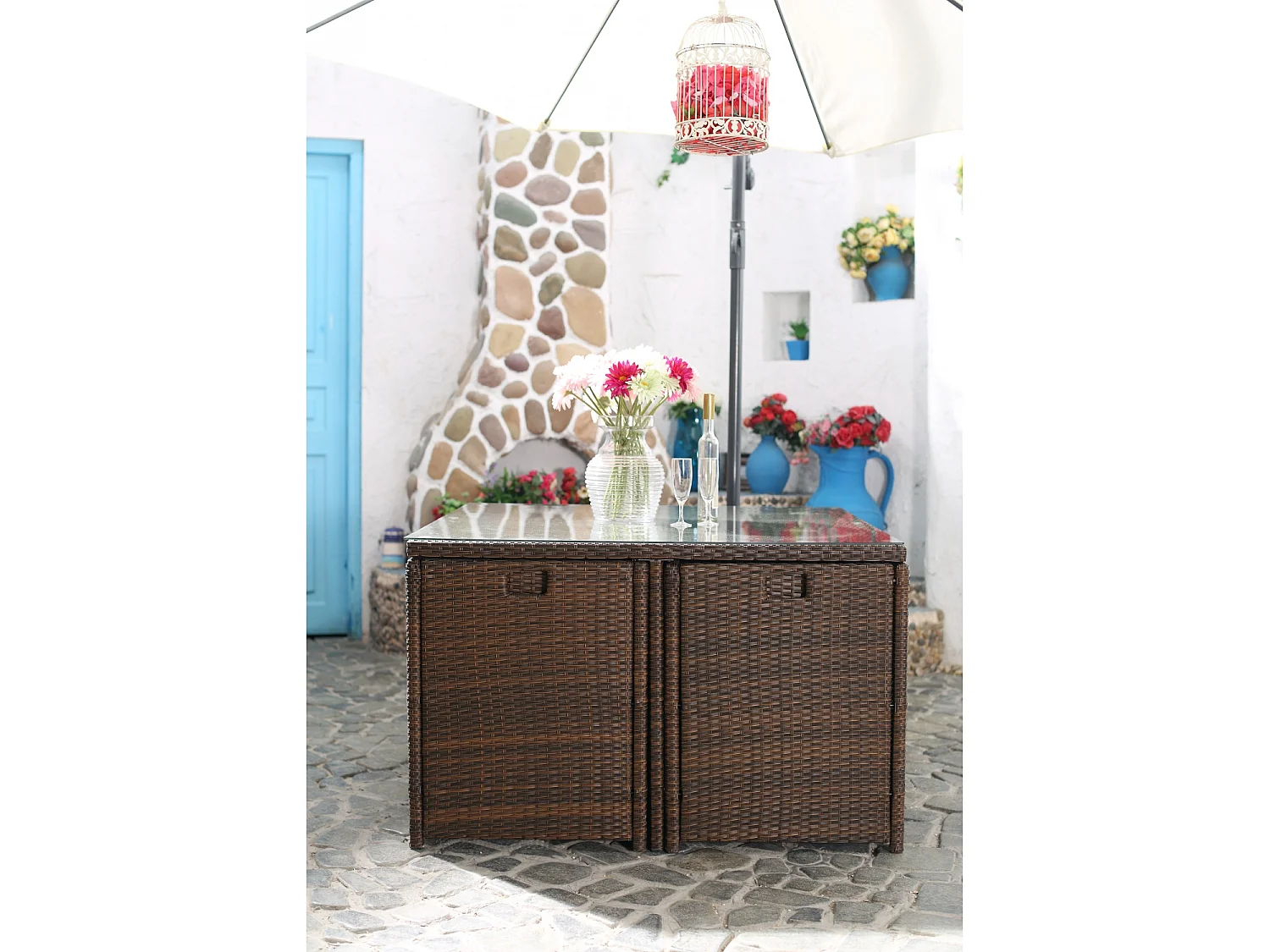 Salon de jardin 8 places marron-blanc + housse de protection MIAMI