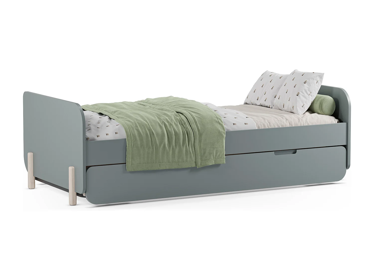 Lit gigogne 2 x 90 x 190 cm - MDF et pin - Vert sauge et naturel clair - TALUDO