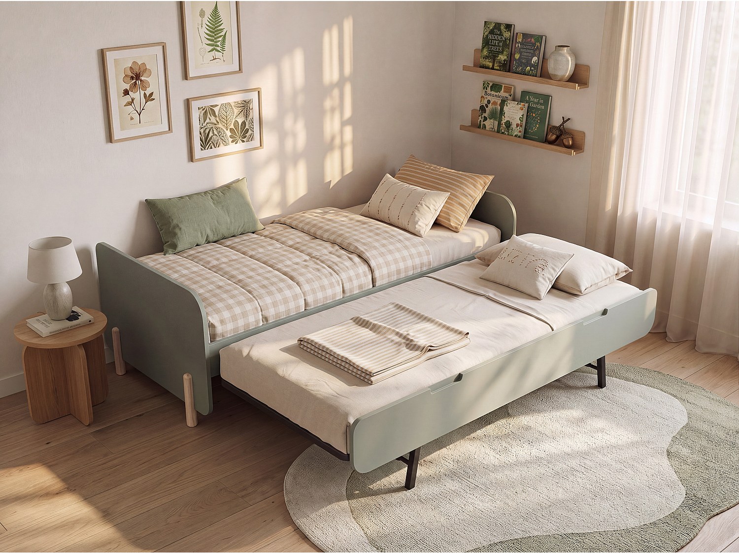Ausziehbett 2 x 90 x 190 cm - MDF und Kiefer - Salbeigrün und Naturfarben hell - TALUDO