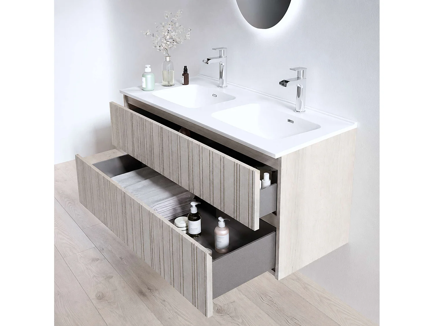 Meuble salle de bain  120 cm boréal avec double vasque céramique Volterra blanc brillant, 2 tiroirs, H54 x P45 cm, Mod.FER