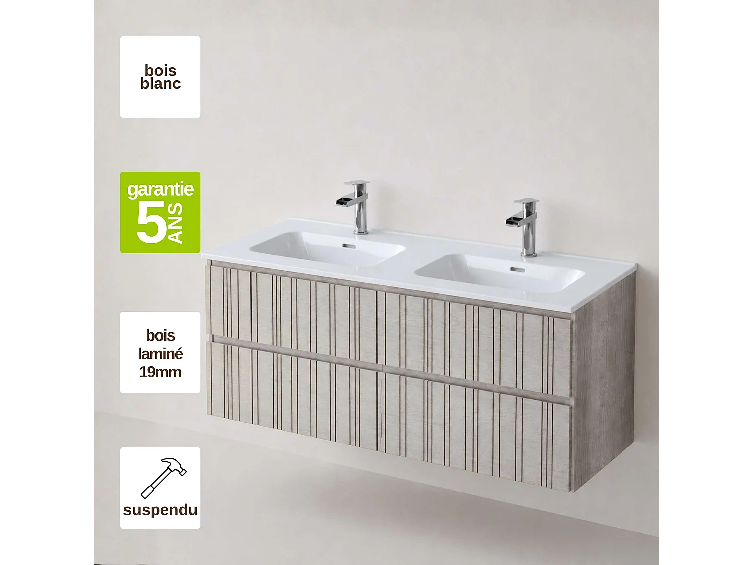 Meuble salle de bain  120 cm boréal avec double vasque céramique Volterra blanc brillant, 2 tiroirs, H54 x P45 cm, Mod.FER