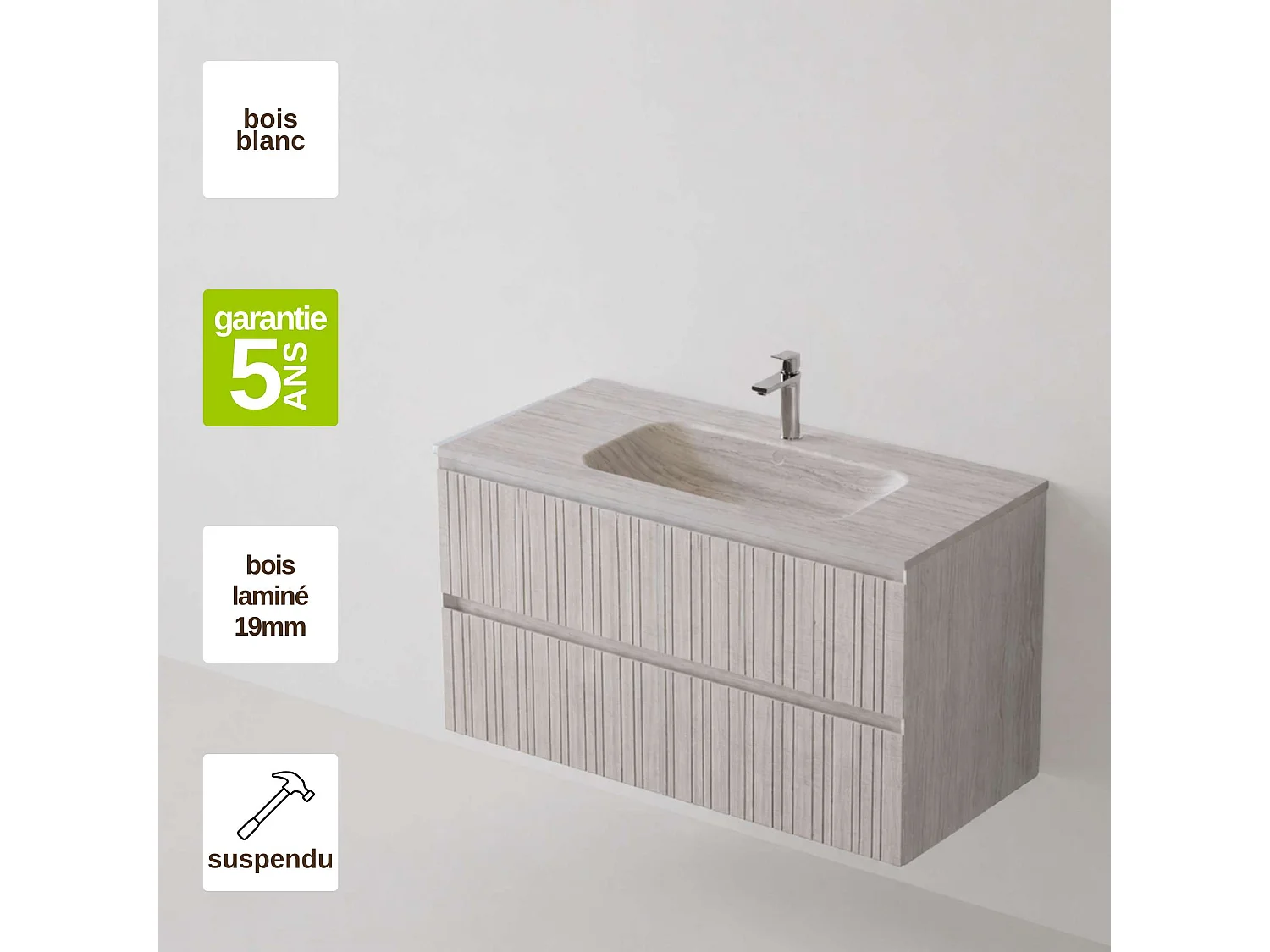 Meuble salle de bain 100 cm boréal avec vasque céramique Lanicor greige, 2 tiroirs, H54 x P45 cm, Mod.FER