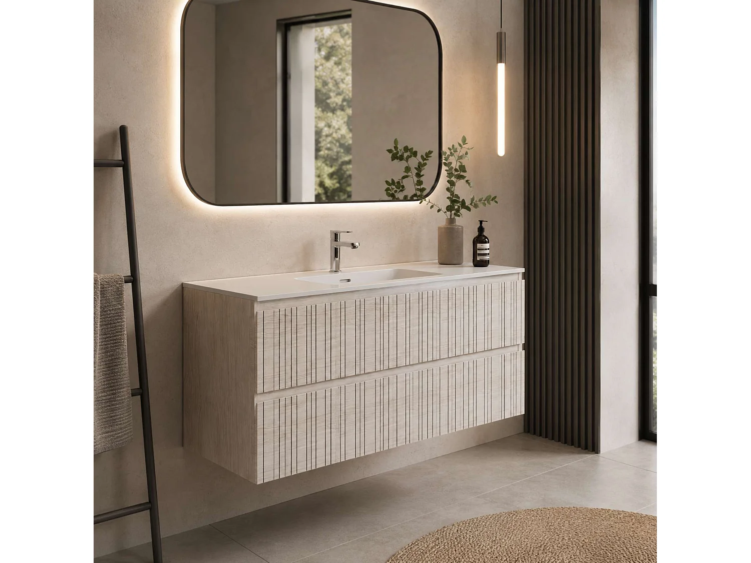 Meuble salle de bain  120 cm boréal avec vasque céramique Volterra blanc mat, 2 tiroirs, H54 x P45 cm, Mod.FER