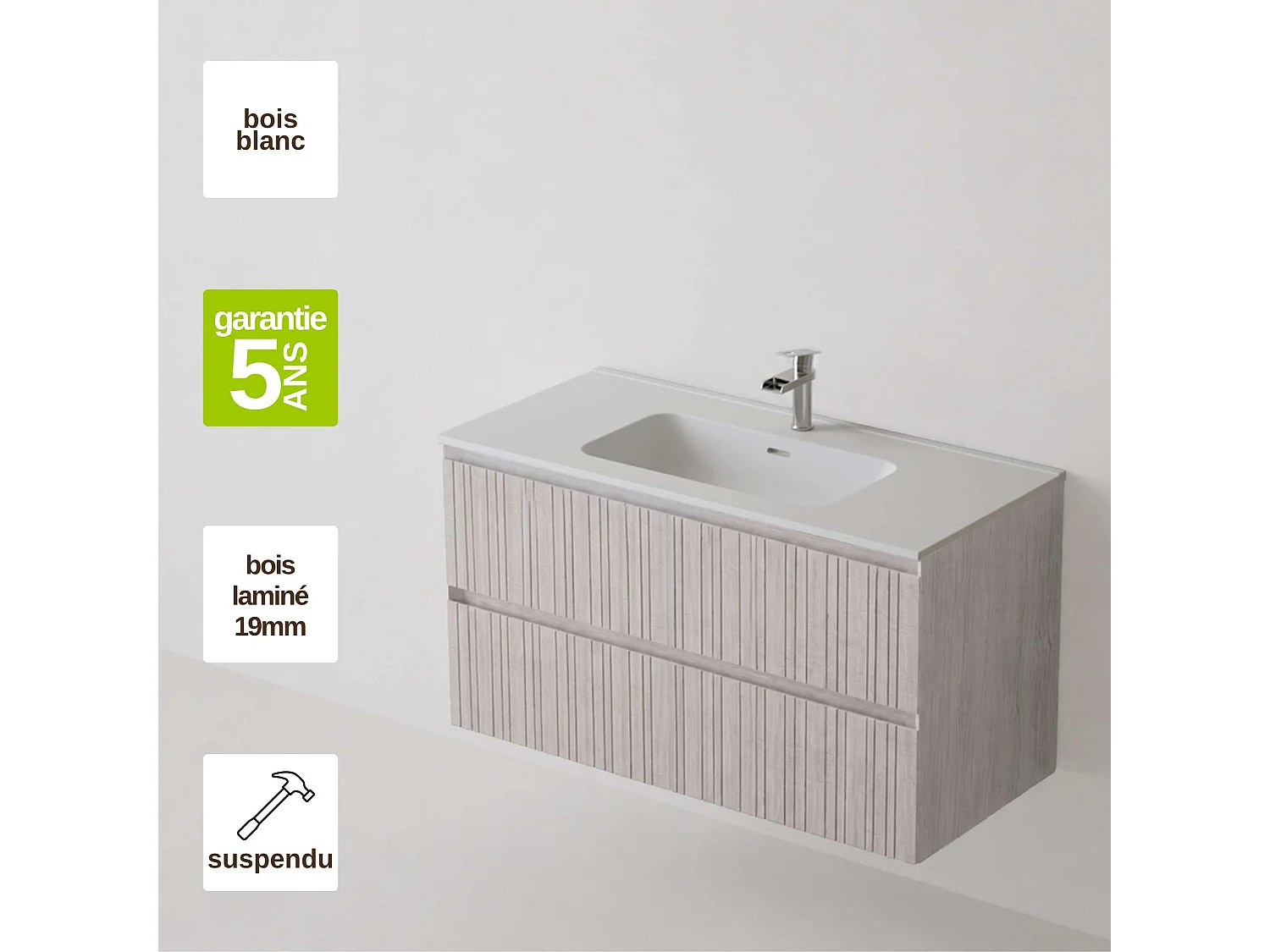 Meuble salle de bain 80 cm boréal avec vasque céramique Volterra blanc mat, 2 tiroirs, H54 x P45 cm, Mod.FER
