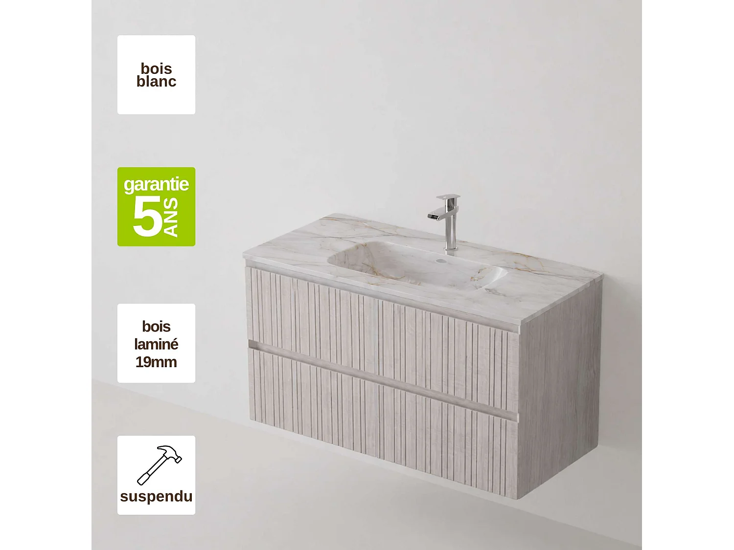 Meuble salle de bain 100 cm boréal avec vasque céramique Lanicor blanc minéral, 2 tiroirs, H54 x P45 cm, Mod.FER