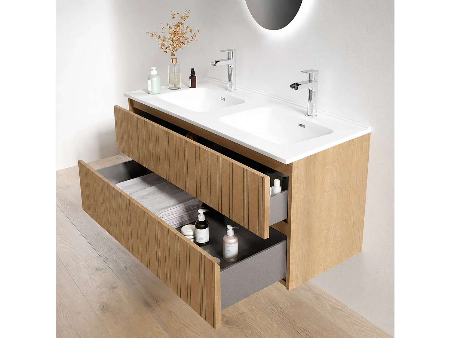 Meuble salle de bain  120 cm chêne moyen "Sand" avec vasque céramique Volterra blanc brillant, 2 tiroirs, H54 x P45 cm, Mod.FER