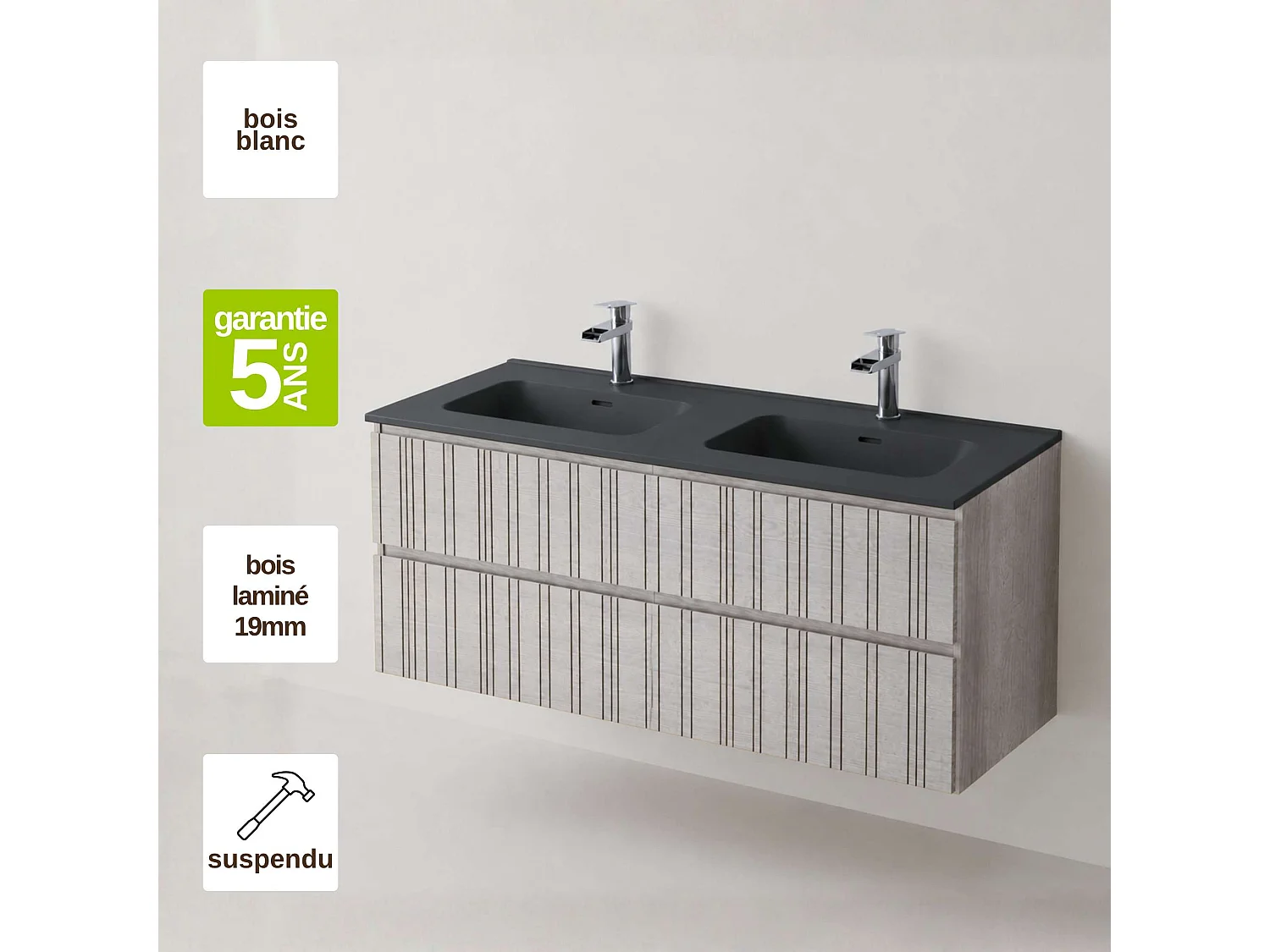 Meuble salle de bain  120 cm boréal avec double vasque céramique Volterra noir mat, 2 tiroirs, H54 x P45 cm, Mod.FER