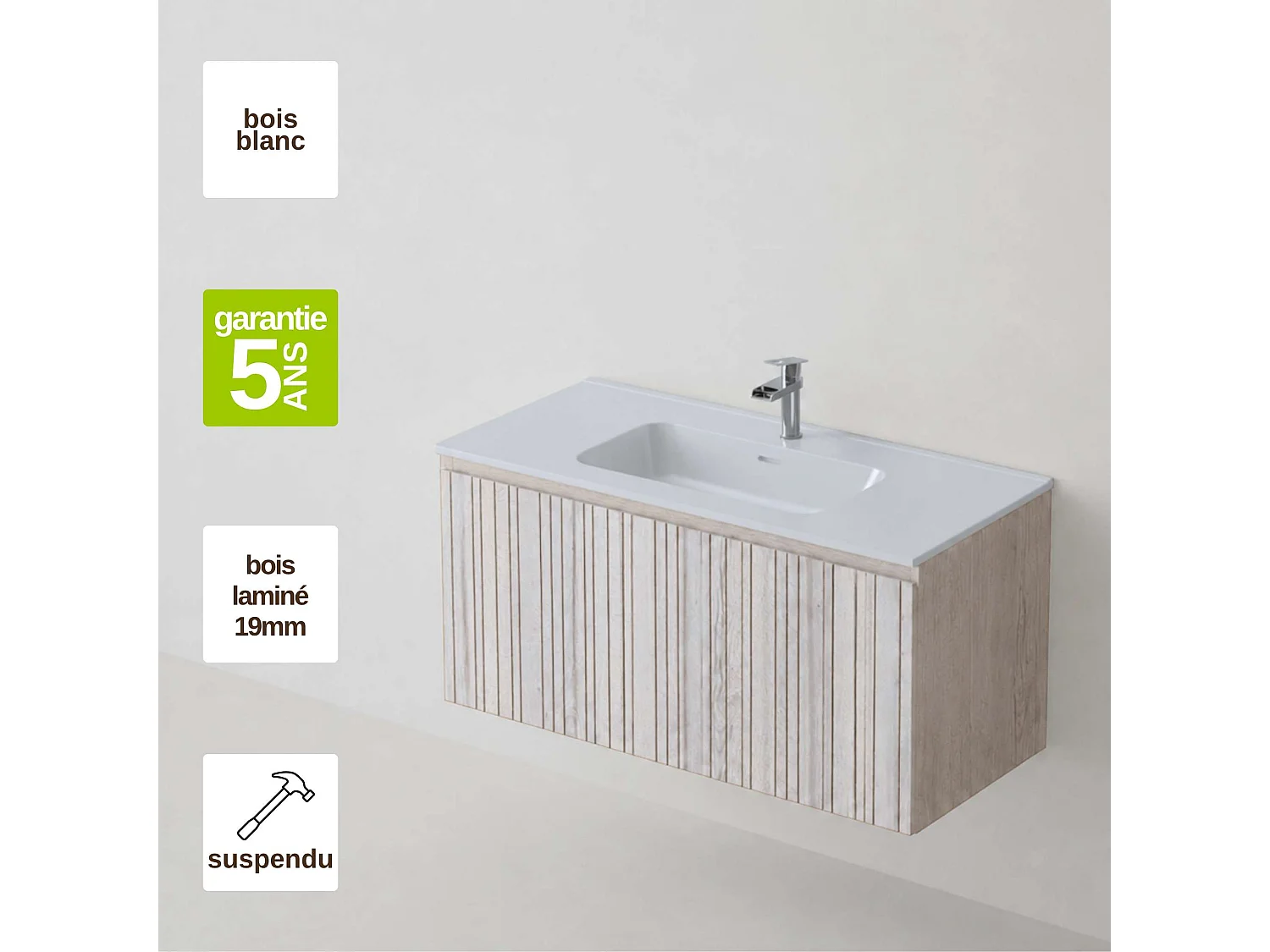 Meuble salle de bain 100 cm boréal avec vasque céramique Volterra blanc brillant, 1 tiroir, H40 x P45 cm, Mod.FER