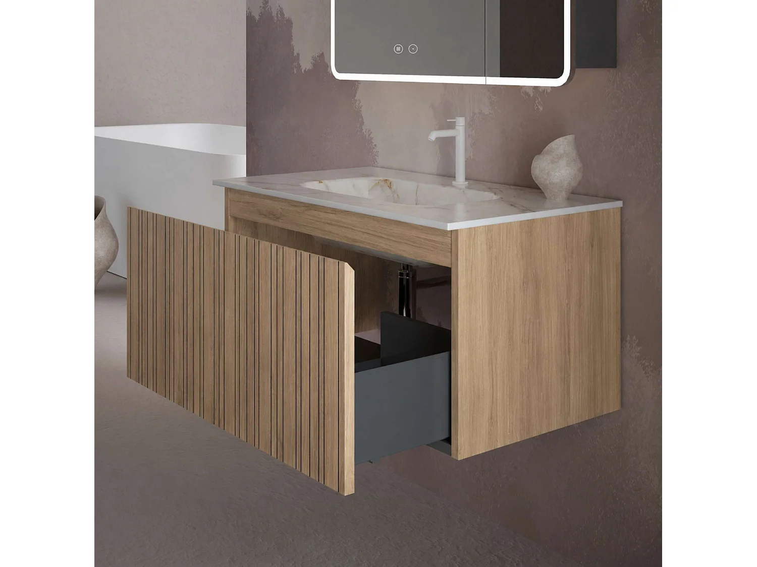 Meuble salle de bain 100 cm chêne moyen "Sand" avec vasque céramique Volterra blanc brillant, 1 tiroir, H40 x P45 cm, Mod.FER