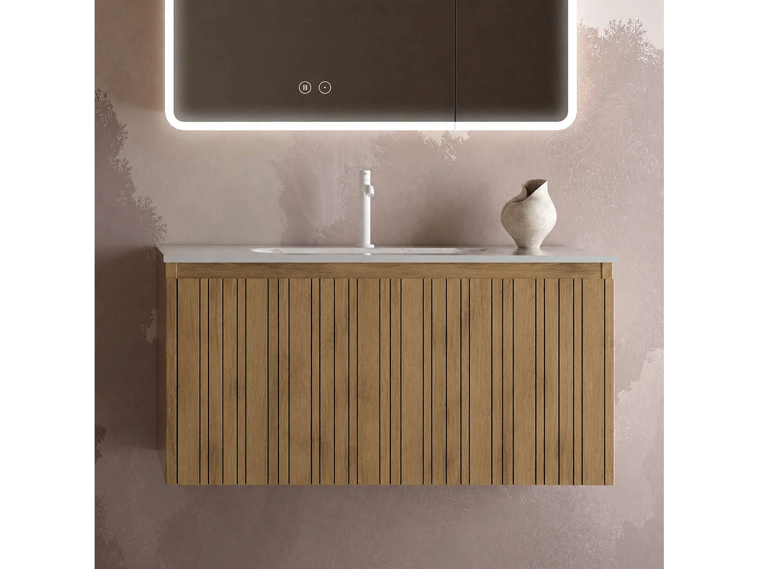 Meuble salle de bain 100 cm chêne moyen "Sand" avec vasque céramique Volterra blanc brillant, 1 tiroir, H40 x P45 cm, Mod.FER