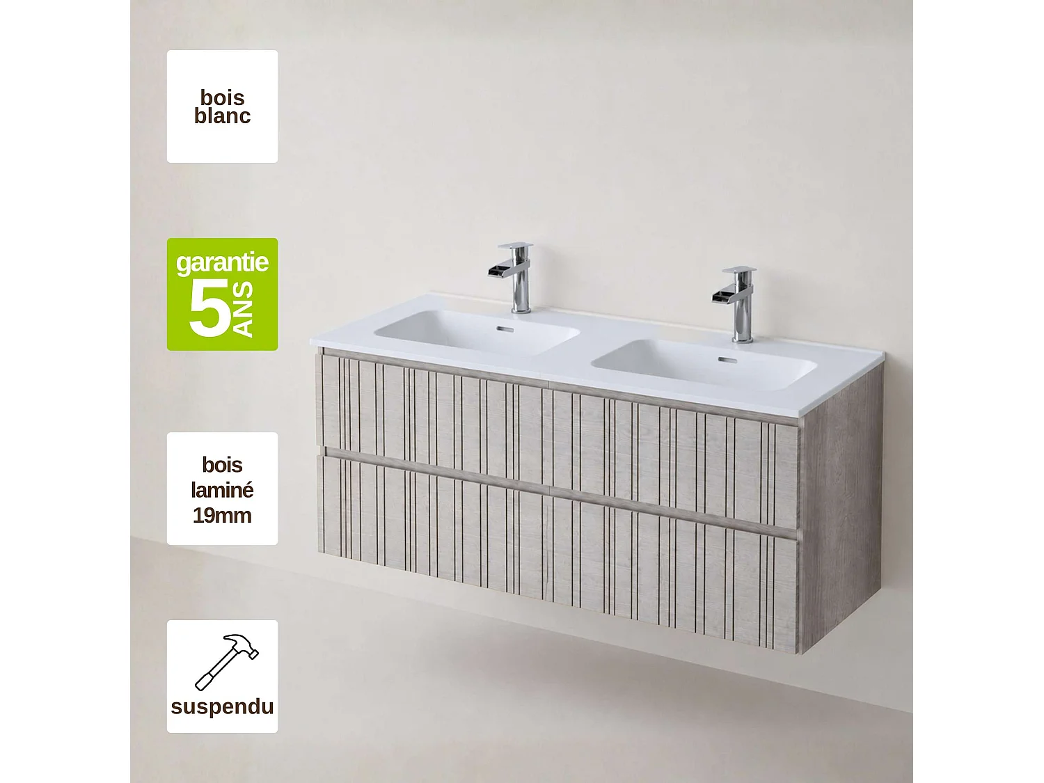 Meuble salle de bain  120 cm boréal avec double vasque céramique Volterra blanc mat, 2 tiroirs, H54 x P45 cm, Mod.FER