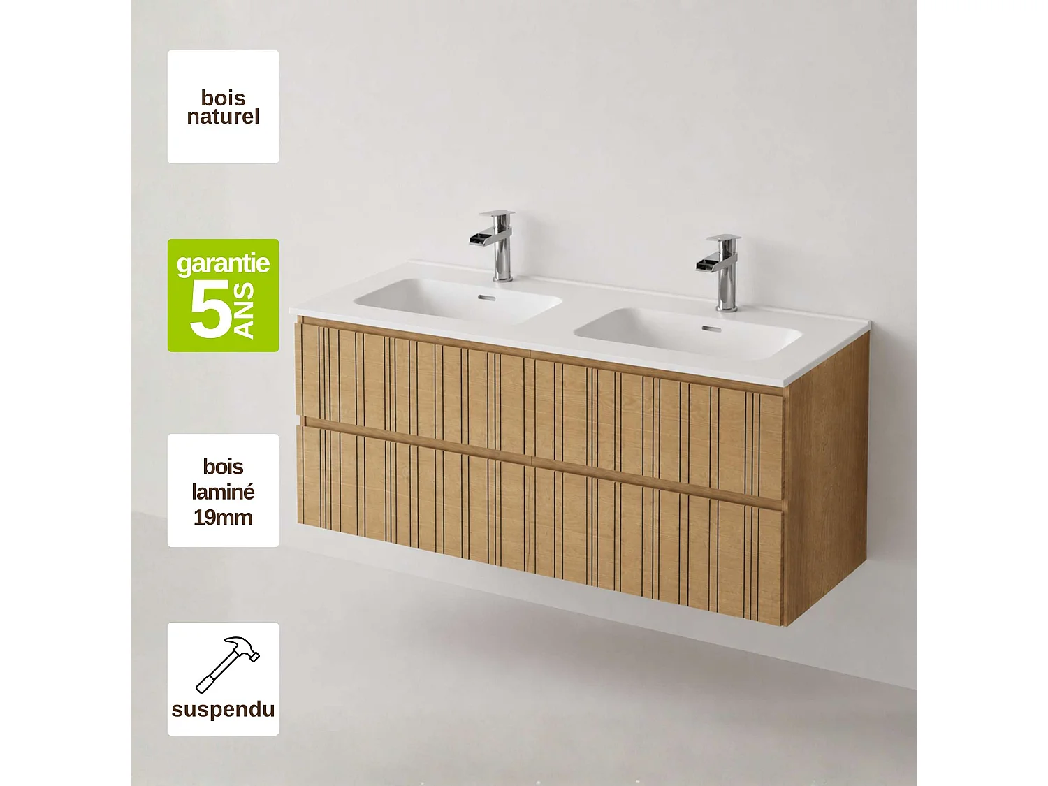 Meuble salle de bain  120 cm chêne moyen "Sand" avec double vasque céramique Volterra blanc brillant, 2 tiroirs, H54 x P45 cm, Mod.FER