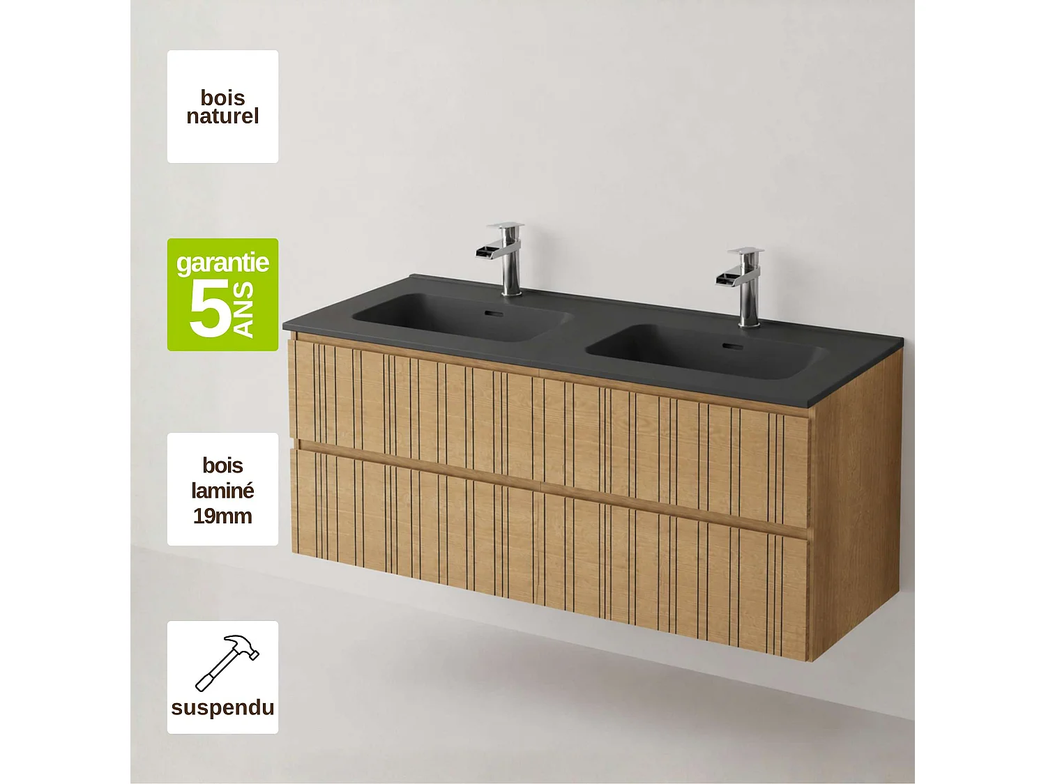 Meuble salle de bain  120 cm chêne moyen "Sand" avec double vasque céramique Volterra noir mat, 2 tiroirs, H54 x P45 cm, Mod.FER
