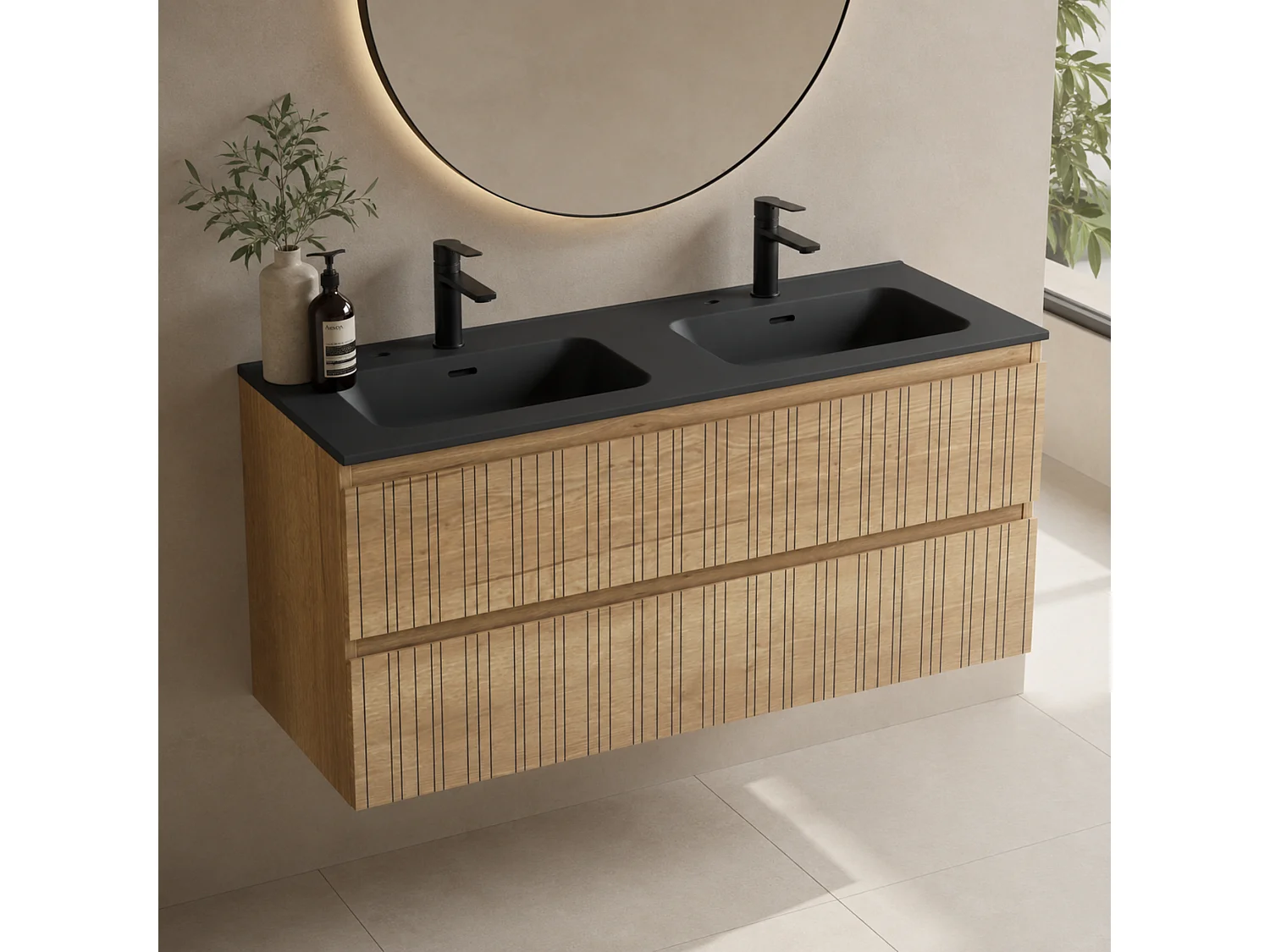 Meuble salle de bain  120 cm chêne moyen "Sand" avec double vasque céramique Volterra noir mat, 2 tiroirs, H54 x P45 cm, Mod.FER