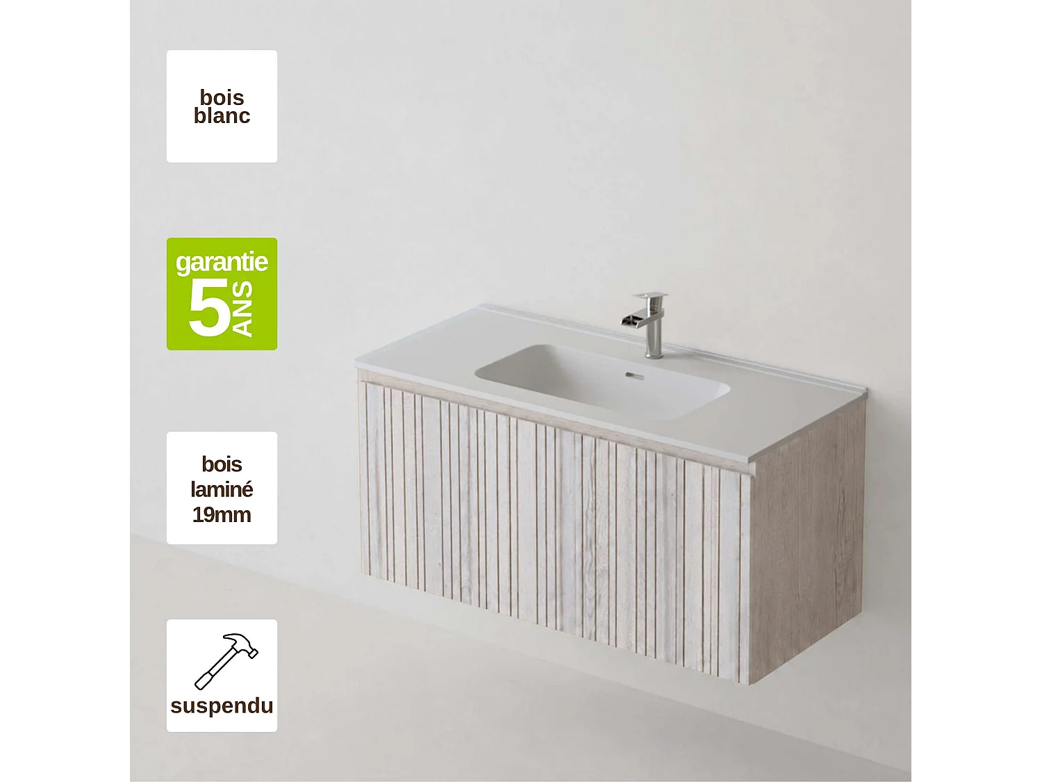 Meuble salle de bain 100 cm boréal avec vasque céramique Volterra blanc mat, 1 tiroir, H40 x P45 cm, Mod.FER