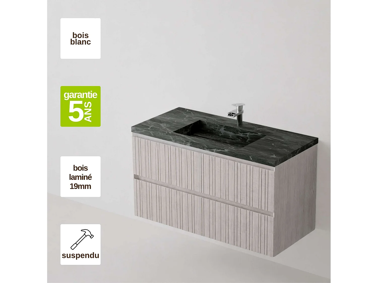 Meuble salle de bain 80 cm boréal avec vasque grès cérame Lanic noir, 2 tiroirs, H54 x P45 cm, Mod.FER