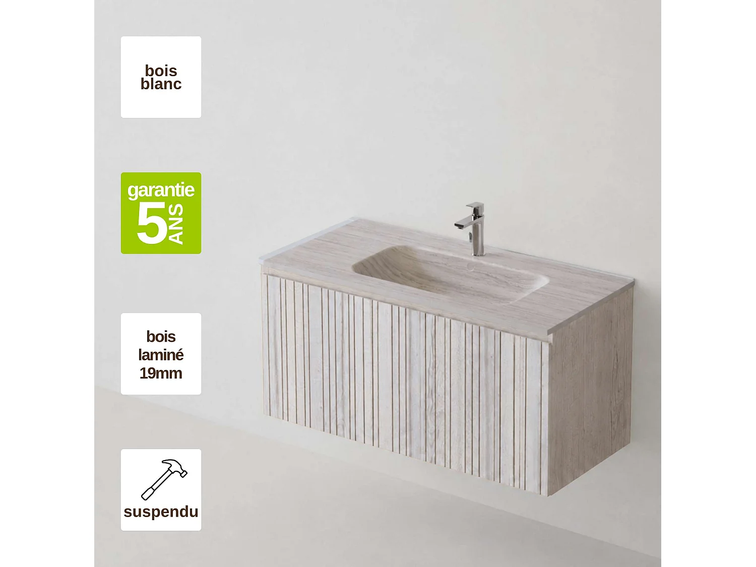 Meuble salle de bain 80 cm boréal avec vasque céramique Lanicor greige, 1 tiroir, H40 x P45 cm, Mod.FER