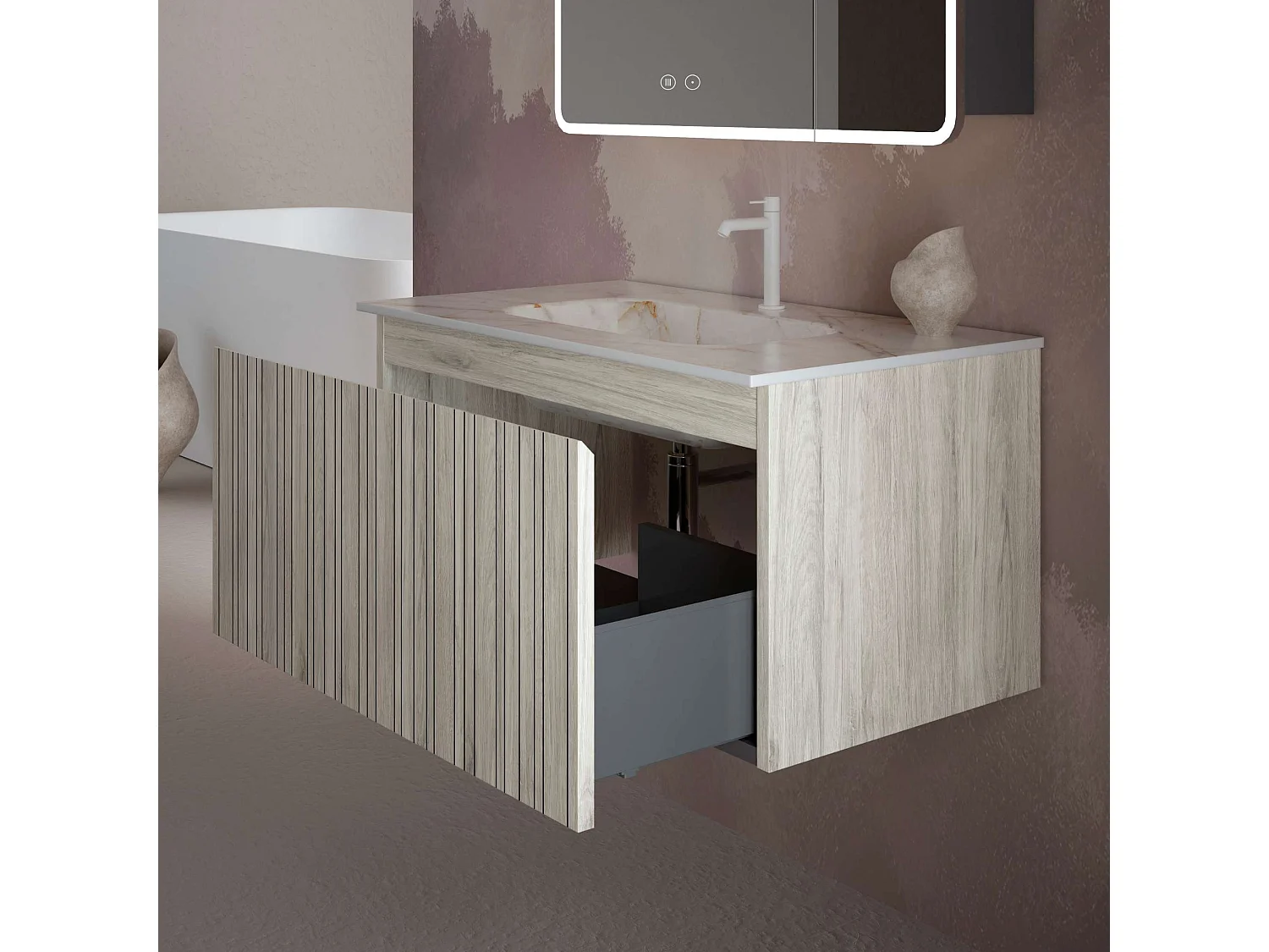 Meuble salle de bain 60 cm boréal avec vasque céramique Volterra blanc brillant, 1 tiroir, H40 x P45 cm, Mod.FER