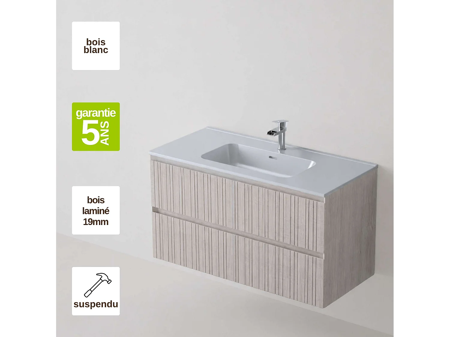 Meuble salle de bain 80 cm boréal avec vasque céramique Volterra blanc brillant, 2 tiroirs, H54 x P45 cm, Mod.FER