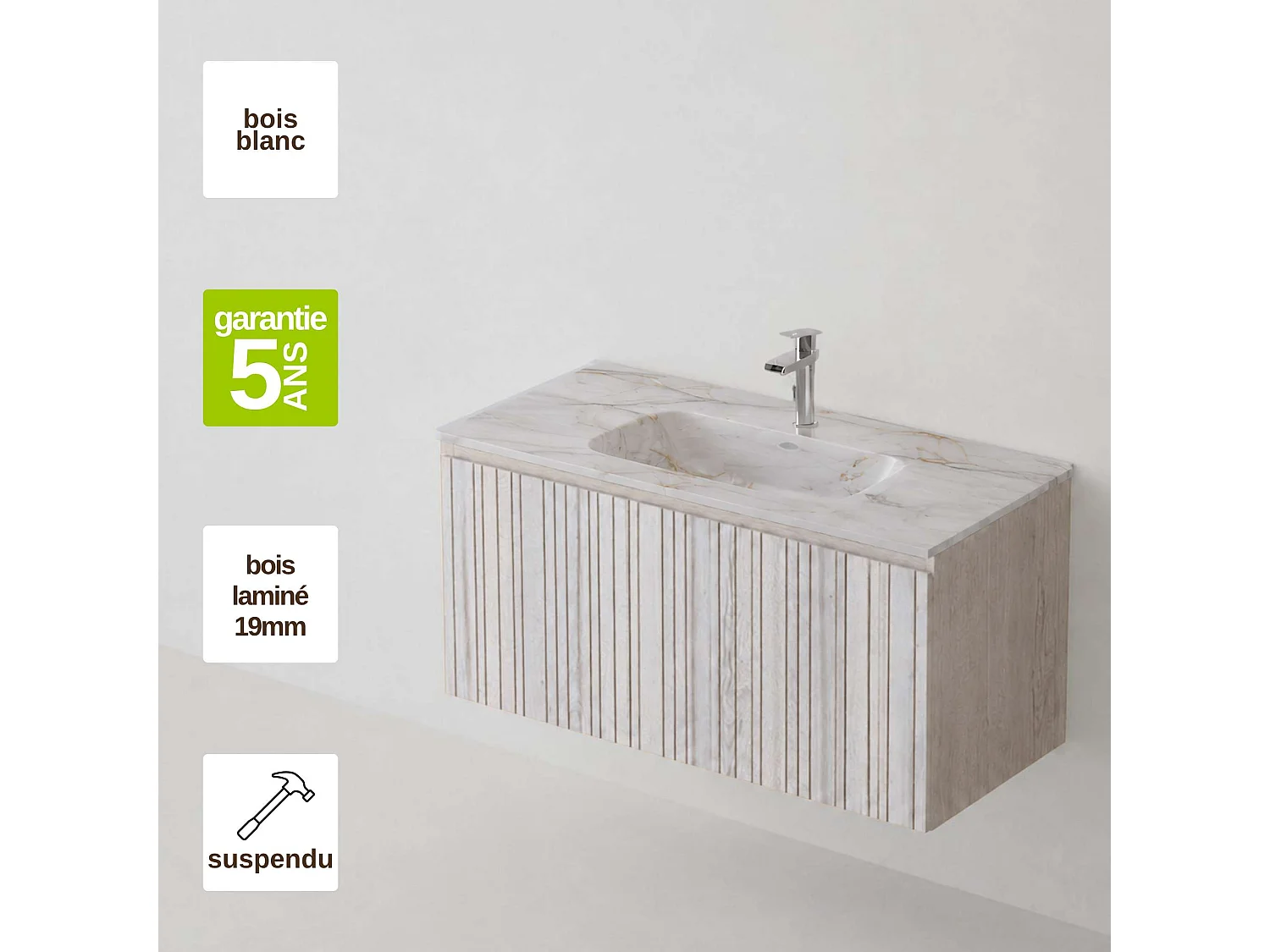 Meuble salle de bain 100 cm boréal avec vasque céramique Lanicor blanc minéral, 1 tiroir, H40 x P45 cm, Mod.FER
