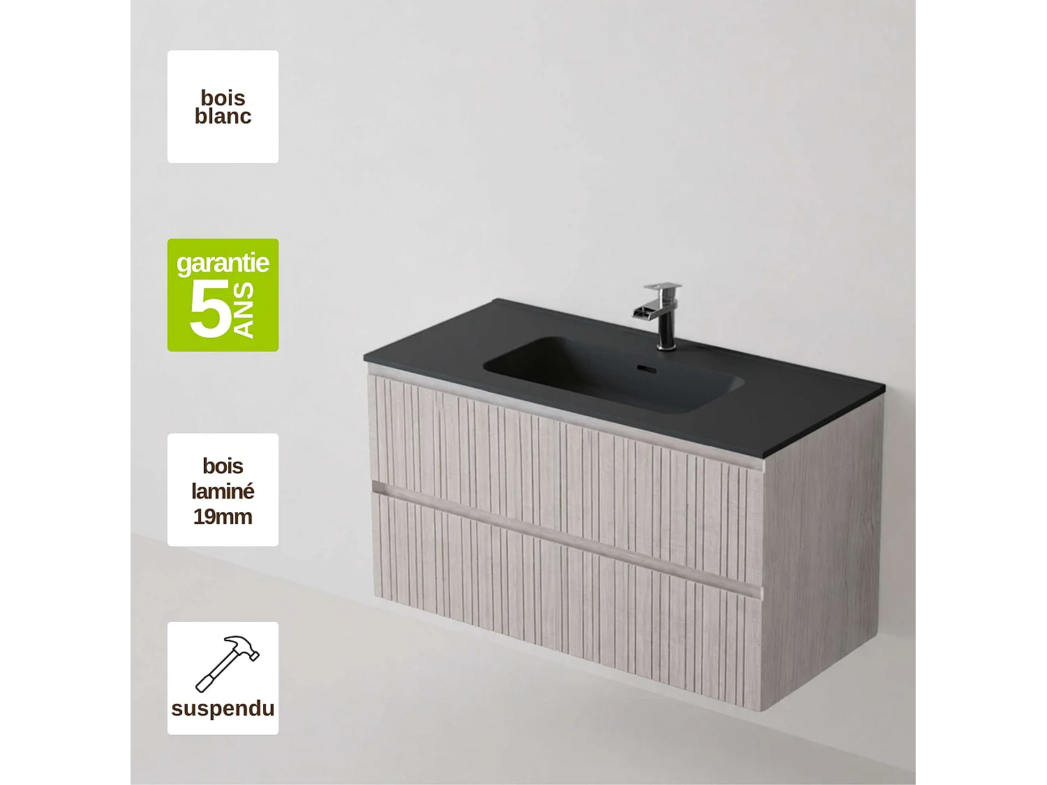 Meuble salle de bain 100 cm boréal avec vasque céramique Volterra noir mat, 2 tiroirs, H54 x P45 cm, Mod.FER