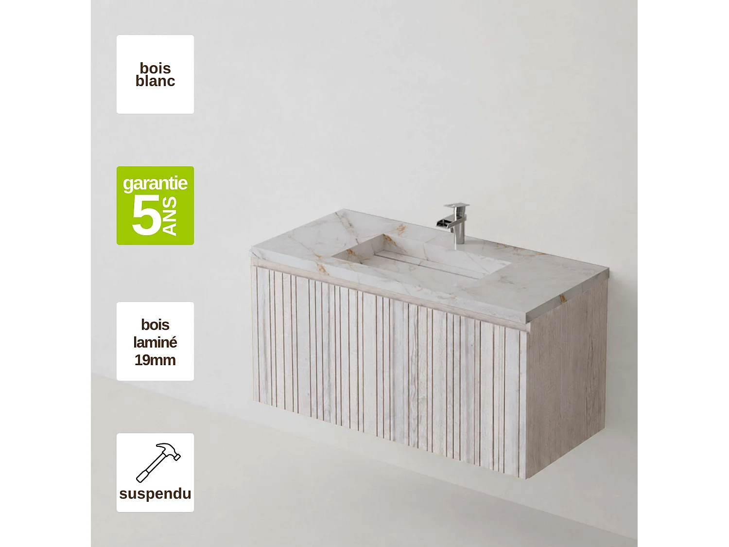 Meuble salle de bain 100 cm boréal avec vasque grès cérame Lanic beige, 1 tiroir, H40 x P45 cm, Mod.FER