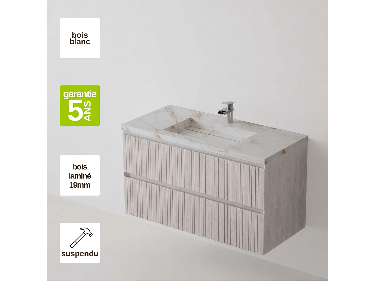 Meuble salle de bain 100 cm boréal avec vasque grès cérame Lanic beige, 2 tiroirs, H54 x P45 cm, Mod.FER