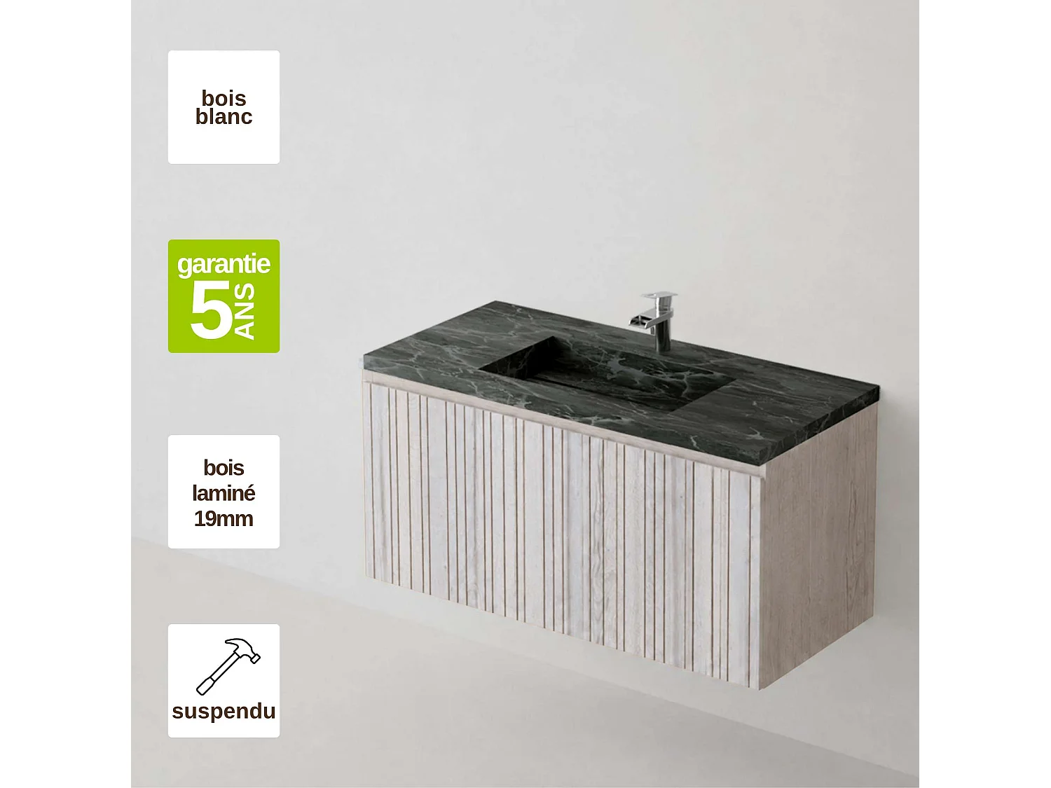 Meuble salle de bain 100 cm boréal avec vasque grès cérame Lanic noir, 1 tiroir, H40 x P45 cm, Mod.FER