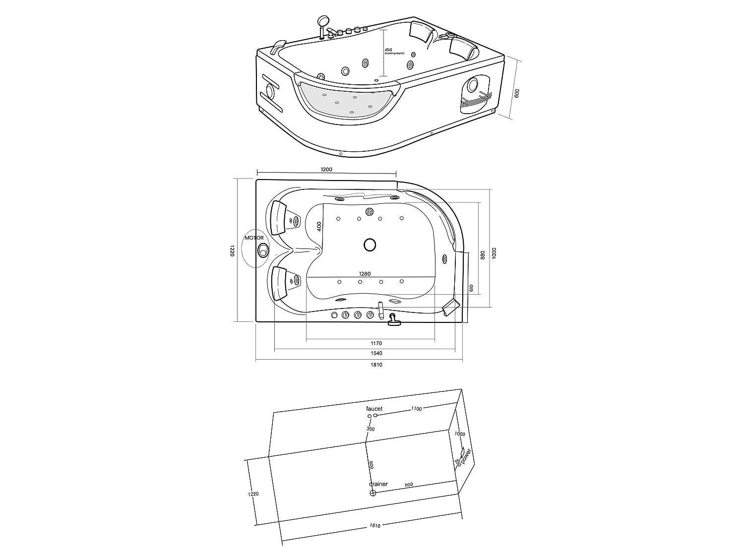 White Whirlpool Bath 180x120cm for 2 Persons 8 Jets LED Lights – Elite