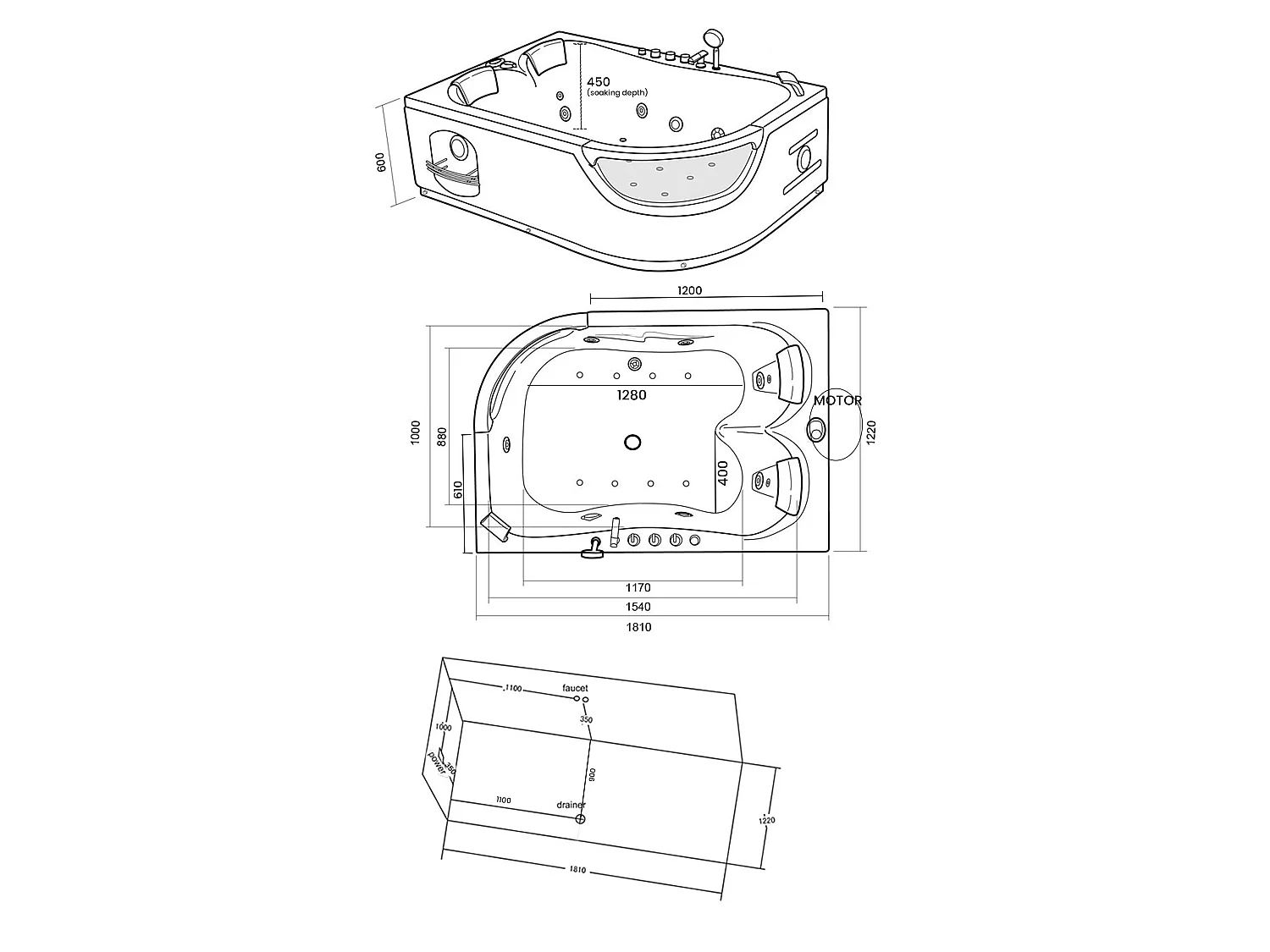 White Whirlpool Bath 180x120cm 2 Person Glass Front Jetted Tub – Luna