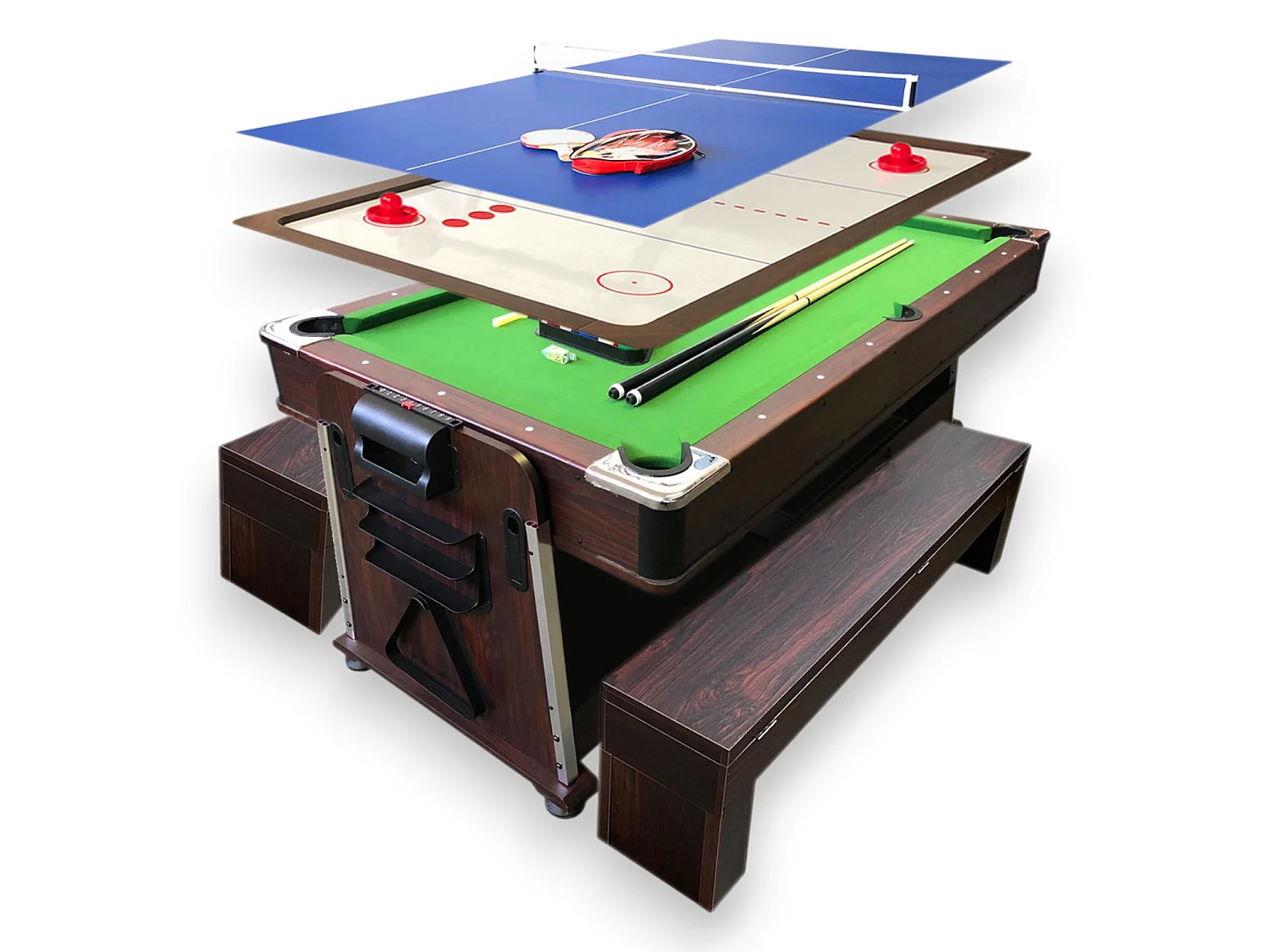 7FT 4-in-1 Dining Pool Table with Benches – Multi Game – Green Cloth – Mattew