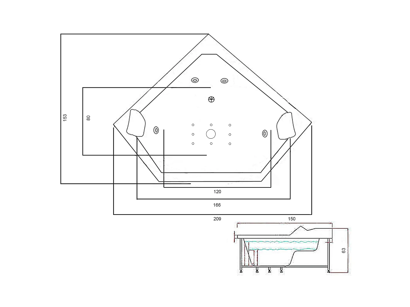 Double Pump Whirlpool Bath 150x150cm for 2 Person LED Lighting – Ibiza