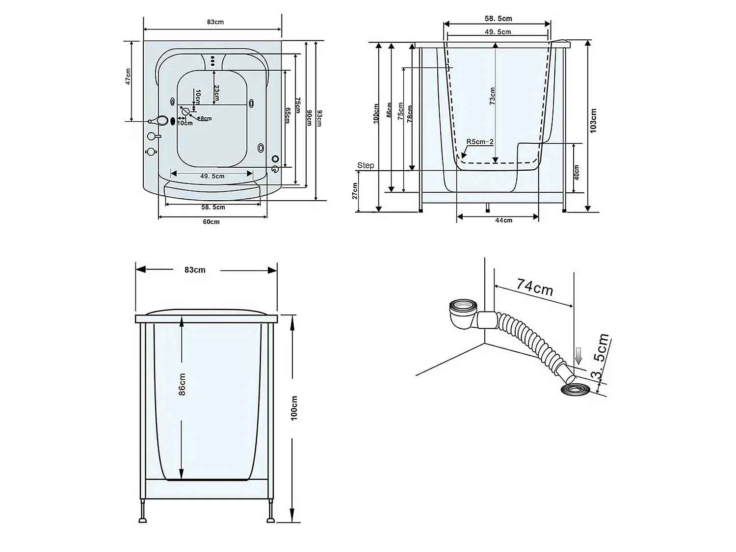 Walk-in Whirlpool Bath 93x83cm – Easy Access Bathtub with Seat – Florida