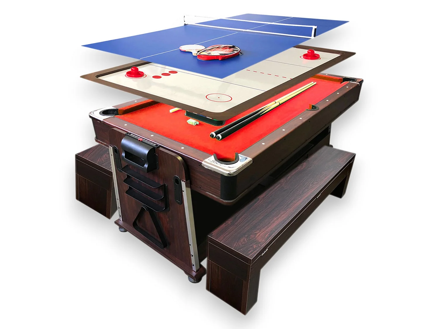 7FT 4-in-1 Dining Pool Table with Benches – Multi Game – Red Cloth – Mattew