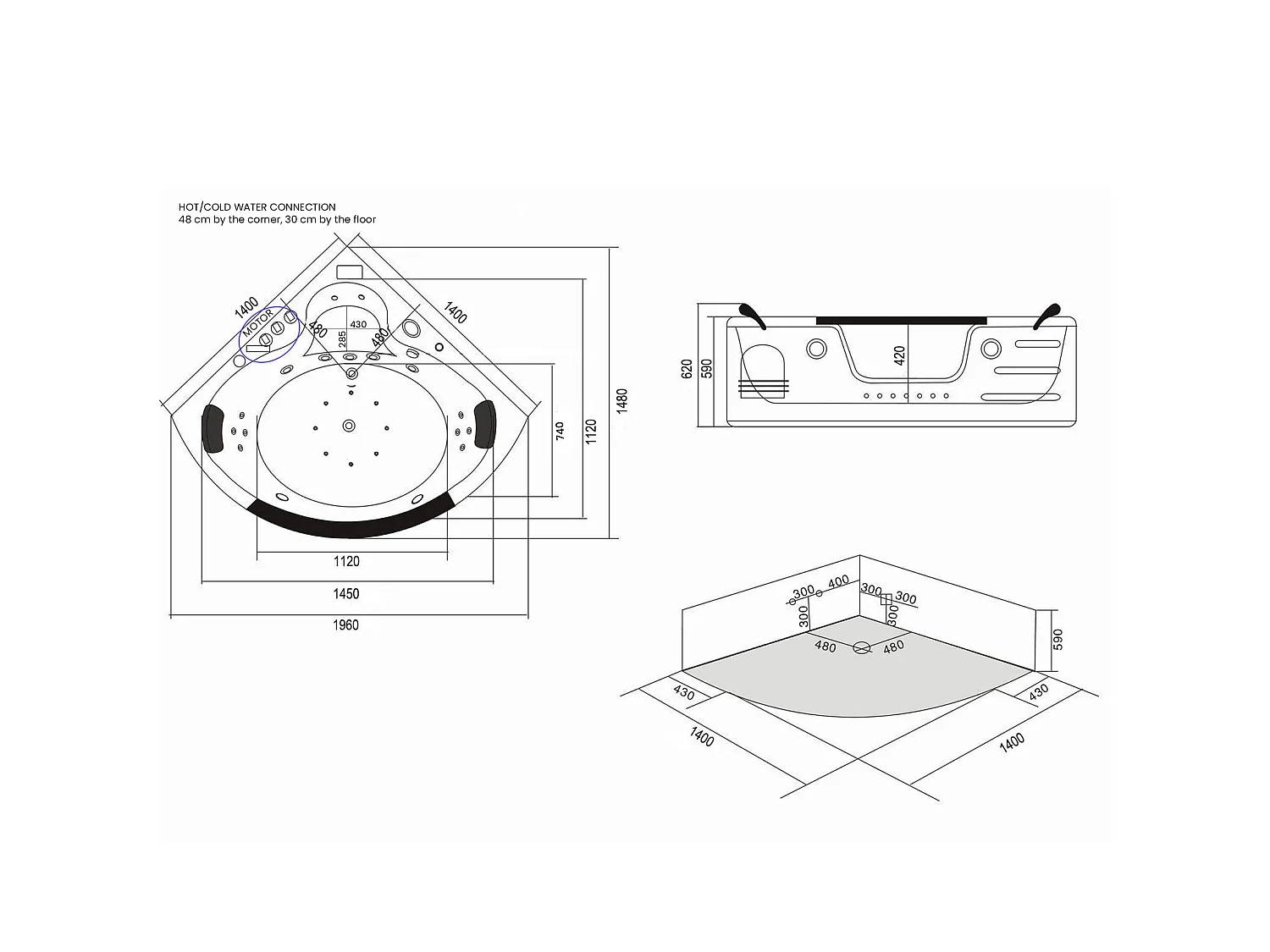 Corner Whirlpool Bath 140x140cm with Front Glass & LED Lighting – SantAngels