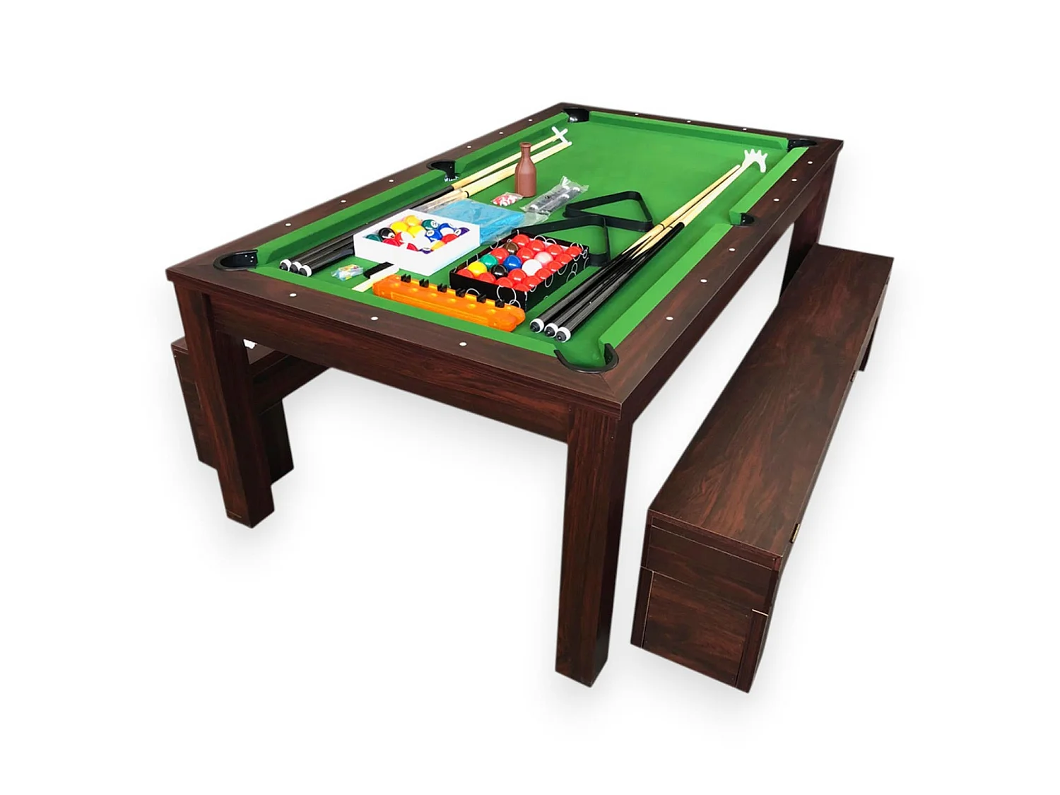 7FT Dining Pool Table with 2 Storage Benches – Rich Green