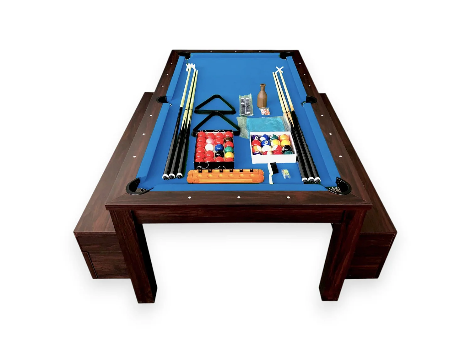 7FT Dining Pool Table with 2 Storage Benches – Rich Blue