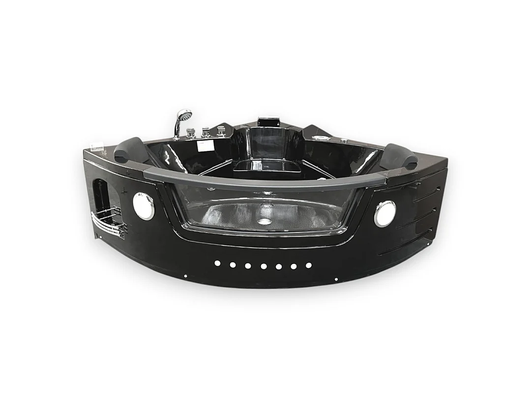 Black Corner Whirlpool Bath 140x140cm Front Glass & LED Lighting – Majestic