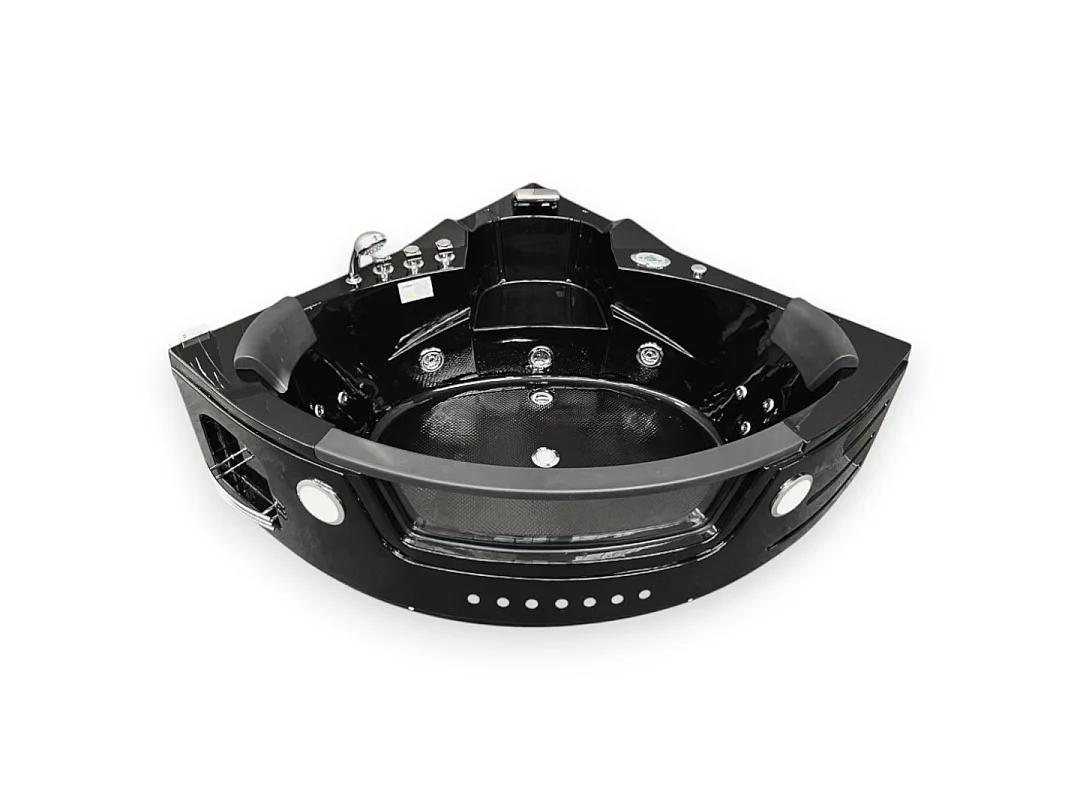 Black Corner Whirlpool Bath 140x140cm Front Glass & LED Lighting – Majestic